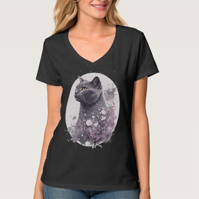 Chartreux Cat Japanese Cherry Blossom Floral Sakur T Shirt (Framsida)