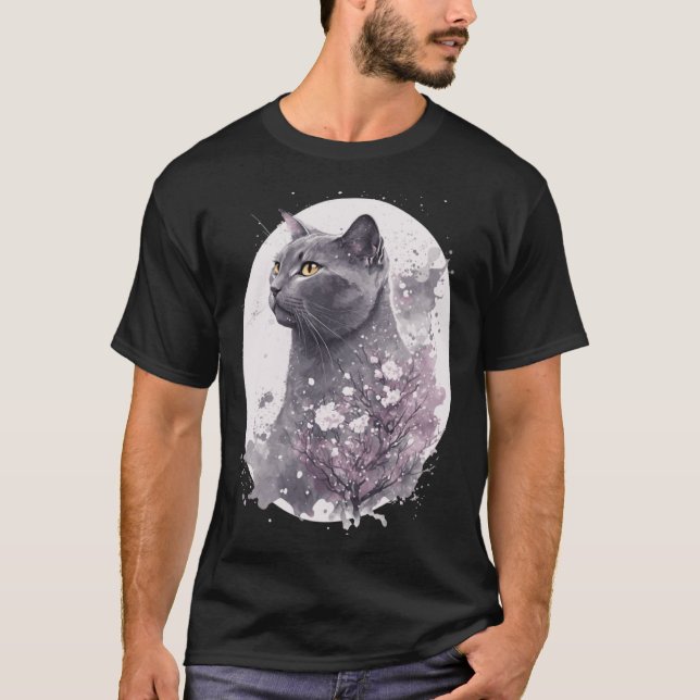 Chartreux Cat Japanese Cherry Blossom Floral Sakur T Shirt (Framsida)