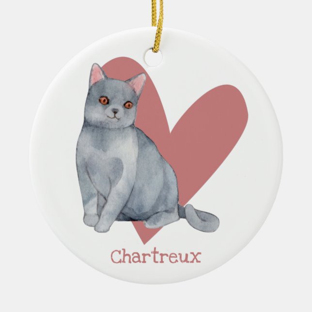 Chartreux Cat Watercolor Kattunge Rosa Heart Julgransprydnad Keramik (Framsidan)