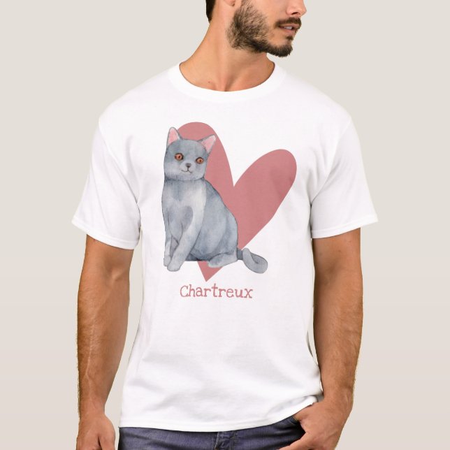 Chartreux Cat Watercolor Kattunge Rosa Heart T Shirt (Framsida)