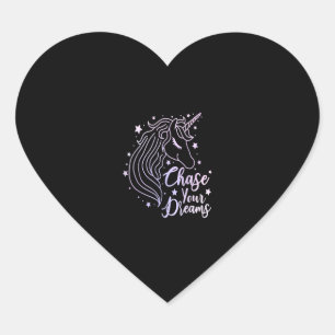 Chase Your Dreams Unicorn Shirt Girls Rosa Lila Hjärtformat Klistermärke