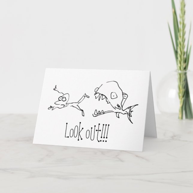 Chased by Shark Cartoon Happy Birthday Card Kort (Framsida)