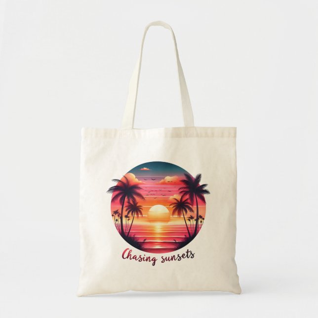 "Chasing Sunset" Beach Sunset Tote Bag Tygkasse (Framsidan)