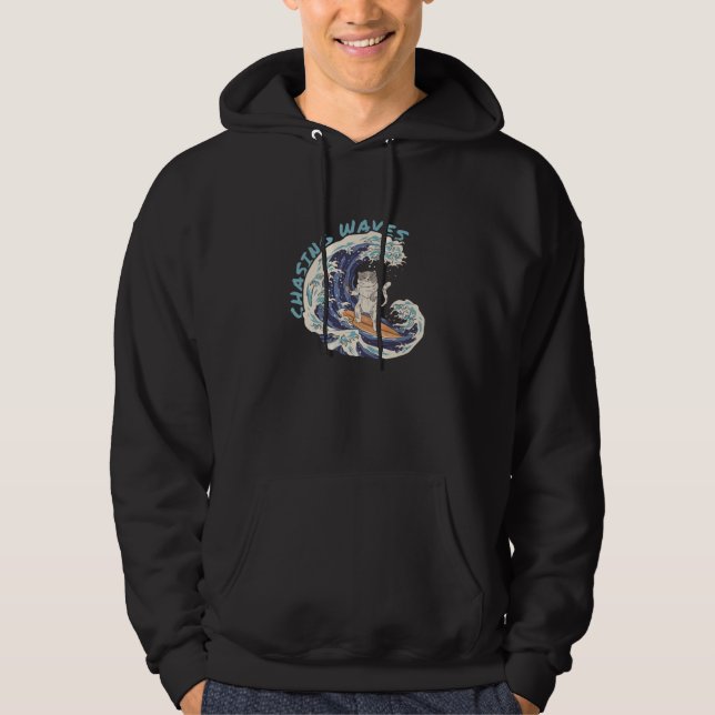 Chasing Waves Surfing Cat Cool Surfer Beach  1 Hoodie (Framsida)