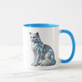 Chat assis en 3D, argenté avec reflets lumineux. Mugg