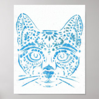 chat pochoirs bleu poster
