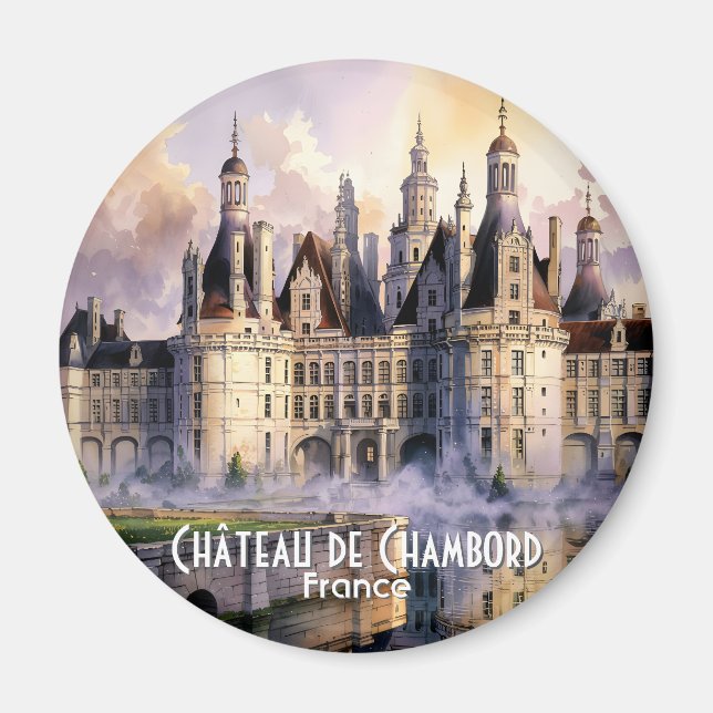Chateau de Chambord Loire Frankrike Akvarell Slott Magnet (Framsidan)