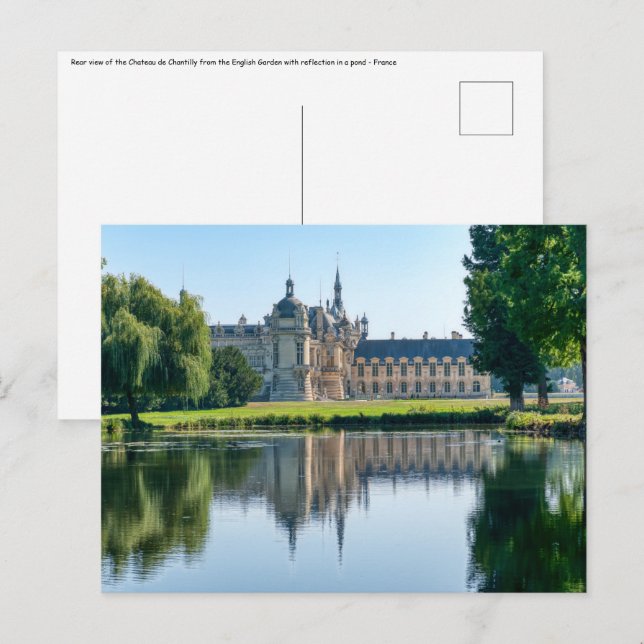 Chateau de Chantilly och reflexion i en damm Vykort (Fram/baksida)