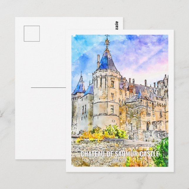 Chateau de Saumur Castle Travel Ställe Watercolor Vykort (Fram/baksida)