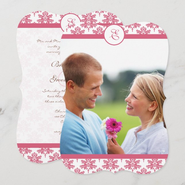 Chateau Rosa Damask Photo Wedding-inbjudan Inbjudningar (Fram/baksida)
