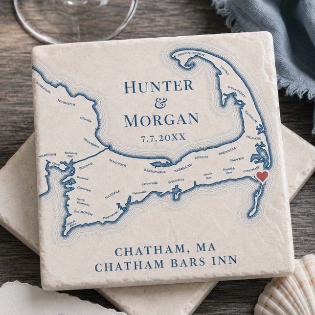 Chatham Bars Inn Bröllopsgåva Cape Cod Karta Stenunderlägg (Chatham Bars Inn Wedding Favor Cape Cod Map Stone Coaster by Coastal Map Designs)