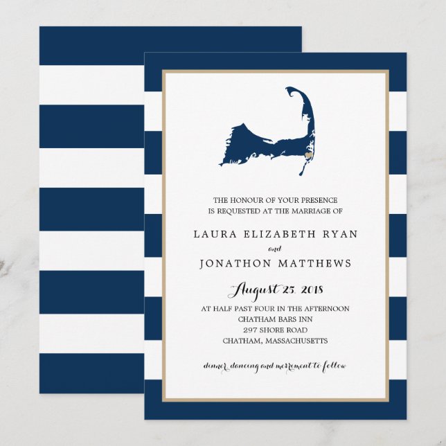 Chatham Cape Cod Karta med hjärta | BRÖLLOP Inbjudningar (Fram/baksida)