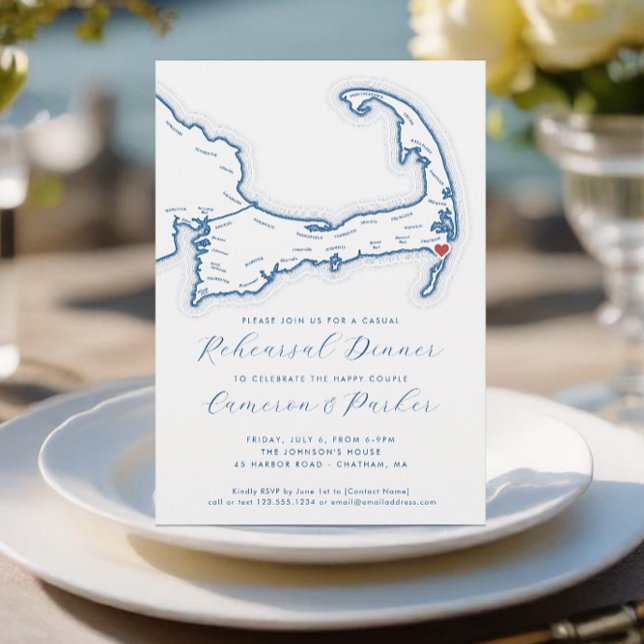 Chatham MORSA Avslappnad Bröllop Rehearsal Dinner Inbjudningar (Chatham MA Casual Cape Cod Wedding Rehearsal Dinner Invitation in Navy Blue from Coastal Map Designs)