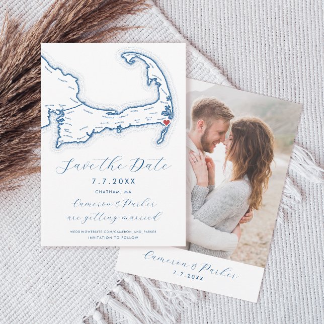 Chatham MORSA Cape Cod Karta flottan Blue Bröllop Spara Datumet (Chatham MA Cape Cod Map Save the Date with Photo in Elegant Modern Navy Blue by Coastal Map Designs)