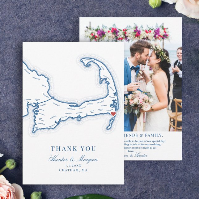 Chatham Pub Inn Cape Cod Bröllop Photo Tack Kort (Chatham Bars Inn Thank You Card with wedding photo in elegant navy blue from Coastal Map Designs)