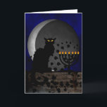 Chatta Noir Chanukah Helgkort<br><div class="desc">En silhouette av Théophile Steinlens den svart katten för den Le Prata Noir klubben i en modern inställning för Chanukah som presenterar den svart katten med en tänd menora och en försvagas måne.</div>