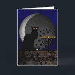 Chatta Noir Chanukah Helgkort<br><div class="desc">En silhouette av Théophile Steinlens den svart katten för den Le Prata Noir klubben i en modern inställning för Chanukah som presenterar den svart katten med en tänd menora och en försvagas måne.</div>