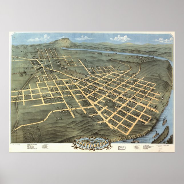 Chattanooga Tennessee 1871 Antique Panoramic Karta Poster (Framsidan)