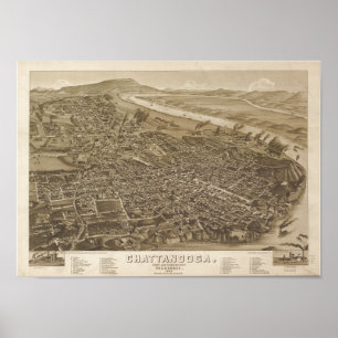 Chattanooga Tennessee 1886 Antique Panoramic Karta Poster