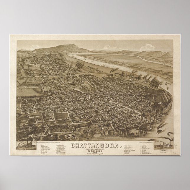 Chattanooga Tennessee 1886 Antique Panoramic Karta Poster (Framsidan)