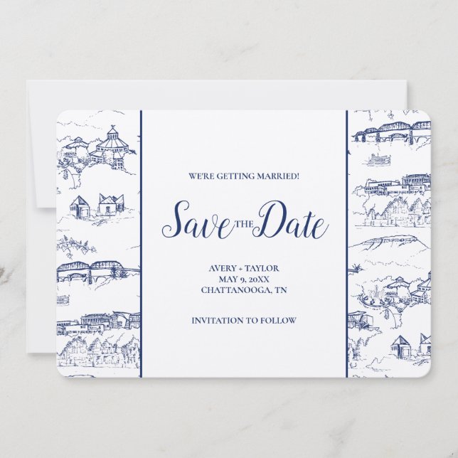 Chattanooga Toile Navy och White Save Date (Framsida)