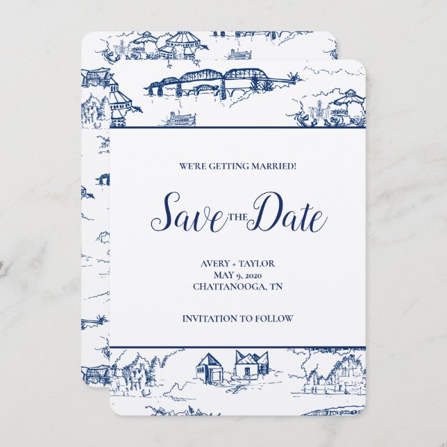 Chattanooga Toile Navy och White Save Date (Fram/baksida)
