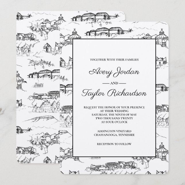 Chattanooga Toile Svart och Vit Inbjudningar (Fram/baksida)