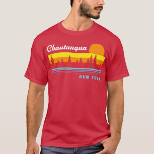 Chautauqua Sjö New York NY Retro Sunset Fishing T Shirt