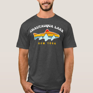 Chautauqua Sjö New York NY Retro Sunset Fishing T Shirt