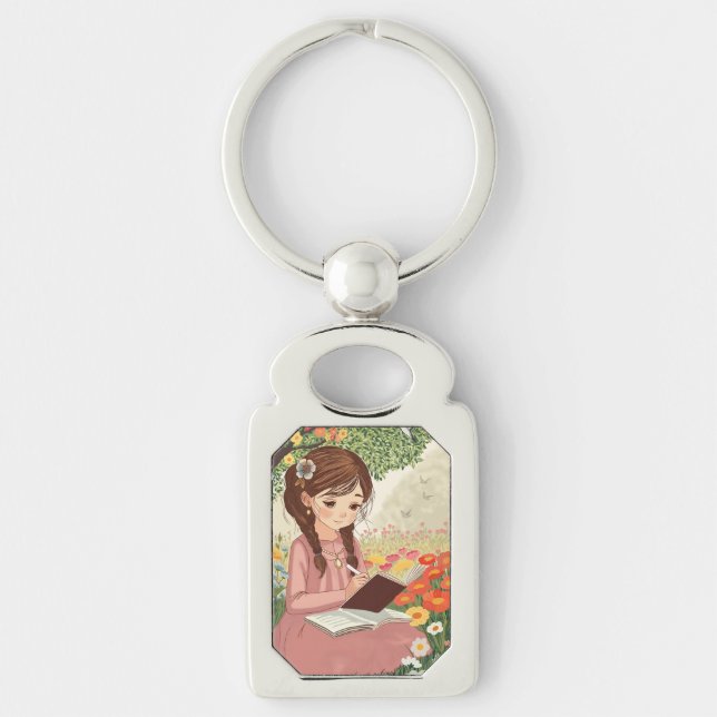Chaveiro de Metal Uma jovem de cabelos trançados Rektangulärt Silverfärgad Nyckelring (Framsidan)