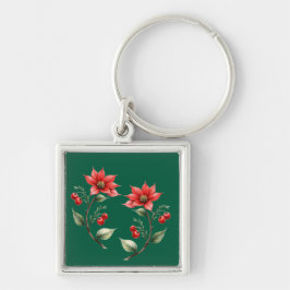 Chaveiro Natal verde e Flores Vermelhas Fyrkantig Silverfärgad Nyckelring