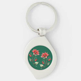Chaveiro Natal verde e Flores Vermelhas Swirl Silverfärgad Nyckelring