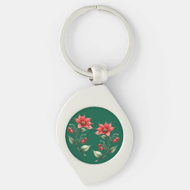 Chaveiro Natal verde e Flores Vermelhas Swirl Silverfärgad Nyckelring (Framsidan)