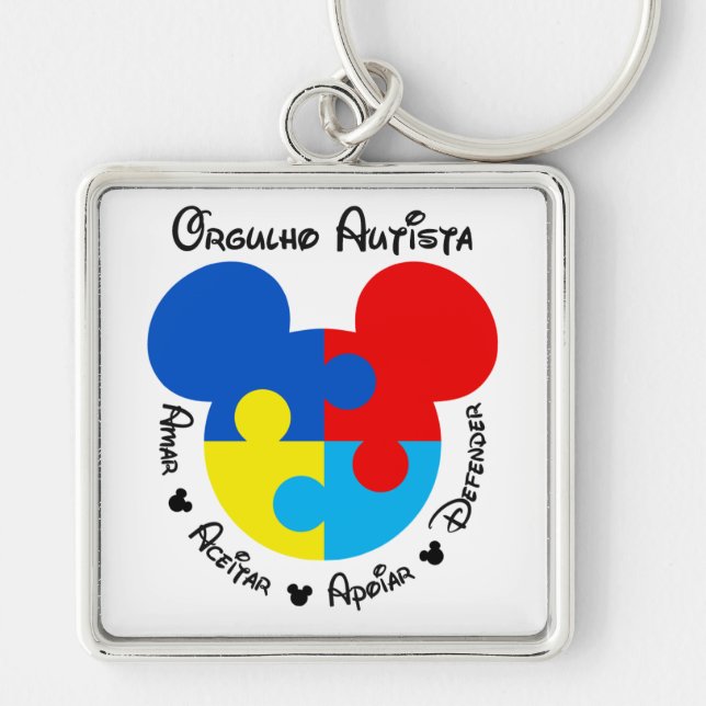 Chaveiro Orgulho Autista Mickey Puzzle Fyrkantig Silverfärgad Nyckelring (Framsidan)
