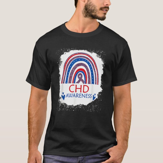 CHD Awareness Bleached Rainbow Blue And Red Ribbon T Shirt (Framsida)