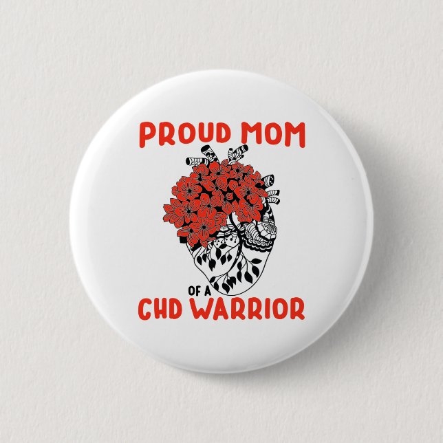 Chd Warrior Stolt Mamma Vacker Röd Blommig Hjärt D Knapp (Framsida)