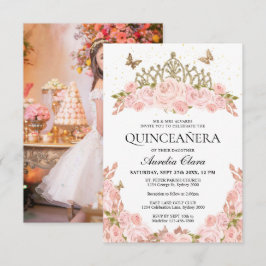 Cheap Blush Pink Floral Tiara Photo Quinceanera Anteckningskort
