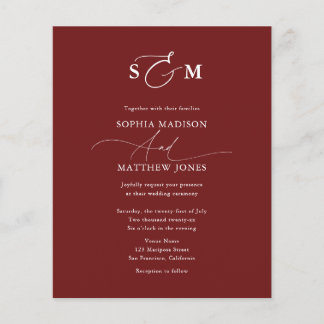 Cheap Elegant Monogram Wedding QR Code Burgundy Flygblad