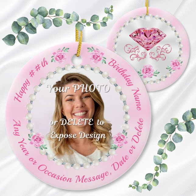 Cheap, Personalized Photo Birthday Ornaments, Pink Julgransprydnad Keramik (Birthday gift for female coworker, female friend, wife, mom and her. 60th or 30th birthday ornaments)