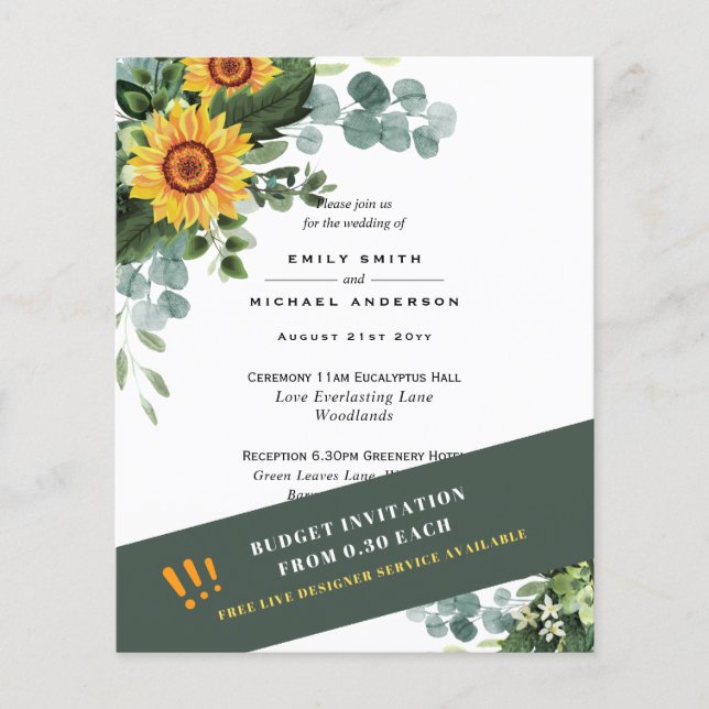 CHEAPEST WEDDING INVITATIONS Solblommor Eucalyptus Flygblad (Framsidan)