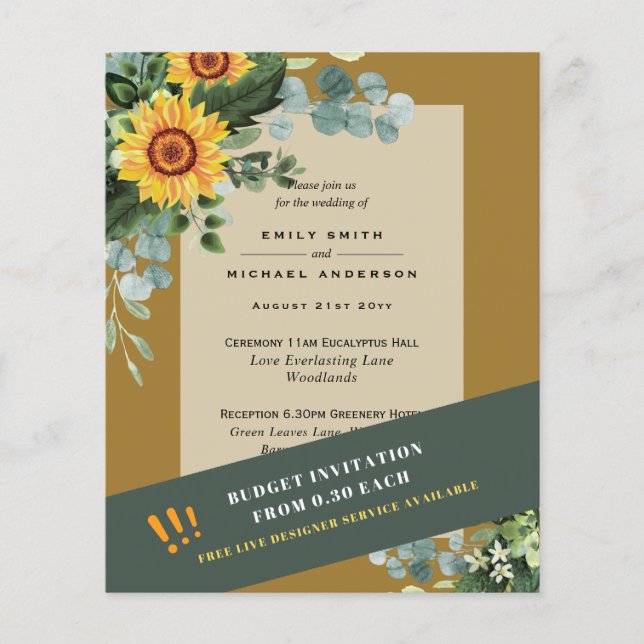 CHEAPEST WEDDING INVITATIONS Solblommor Eucalyptus Flygblad (Framsidan)