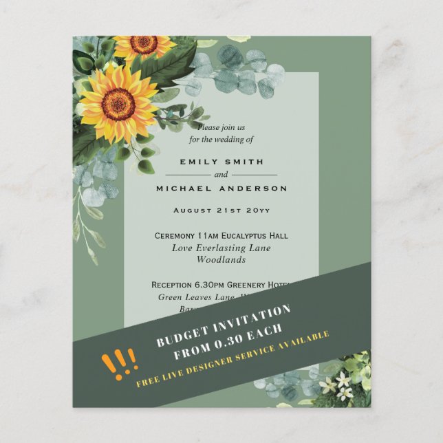 CHEAPEST WEDDING INVITATIONS Solblommor Eucalyptus Flygblad (Framsidan)