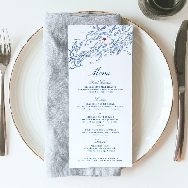 Chebeague Island Maine Bröllop Elegant Navy Meny (These Chebeague Island Inn menus are perfect for your Casco Bay Maine destination wedding)