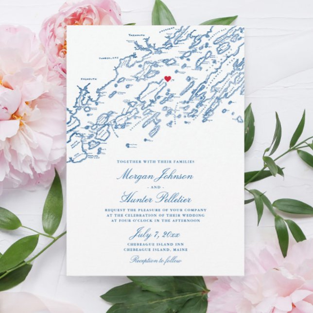Chebeague Island Maine Elegant Navy Karta Bröllop Inbjudningar (These Chebeague Island Inn Wedding invitations are perfect for your Casco Bay Destination Wedding)
