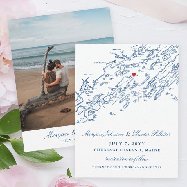 Chebeague Island Maine-Eleganten Spara datum Spara Datumet (These Maine map save the dates will guide your guests to your Chebeague Island Inn Wedding)