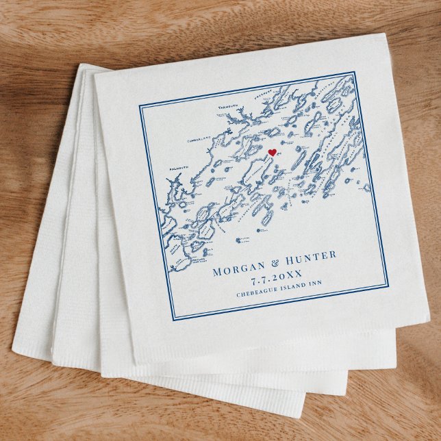 Chebeague Island Maine Karta Navy Elegant bröllop Pappersservett (These Chebeague Island Maine napkins are perfect for your Chebeague Island Inn destination wedding)