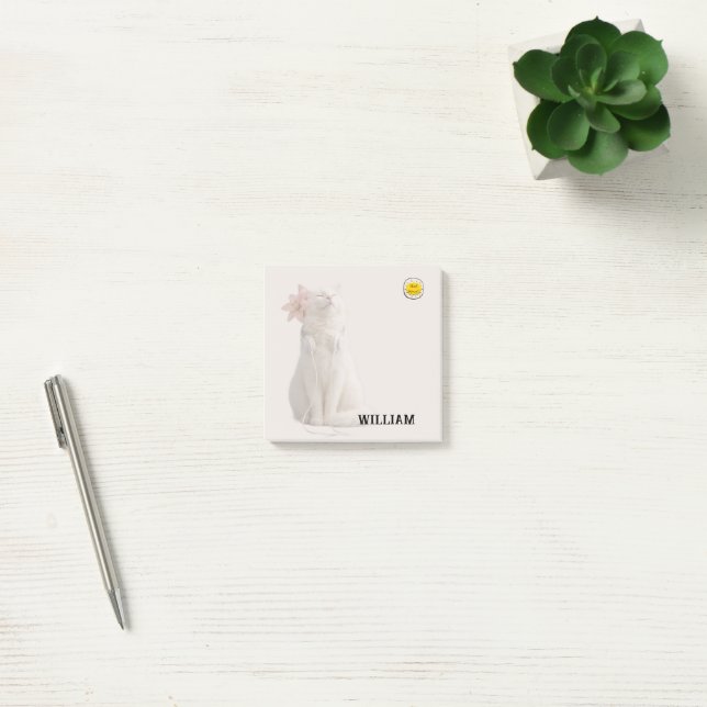 CHECK MEO White Cat with Headphones – Personalized Post-it Block (Kontor)