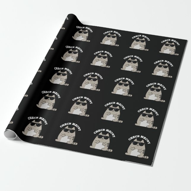 Check Meowt Funny Coola Cat Pun Mörk BG Presentpapper (Utrullad)