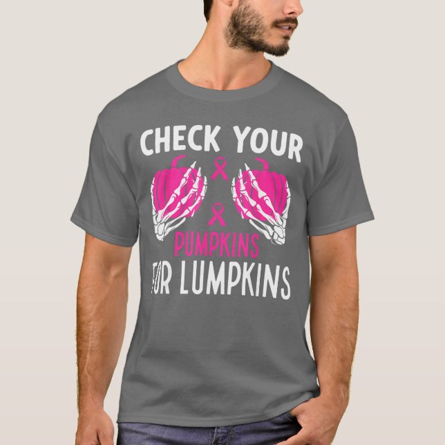 Check Your Pumpkins Funny Breast Cancer Awareness  T Shirt (Framsida)