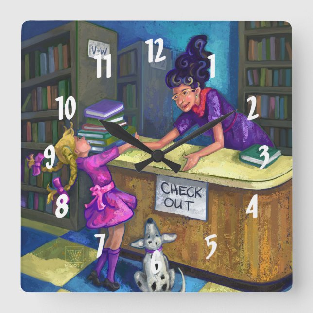 Checka ut bibliotek fyrkantig klocka (Framsida)